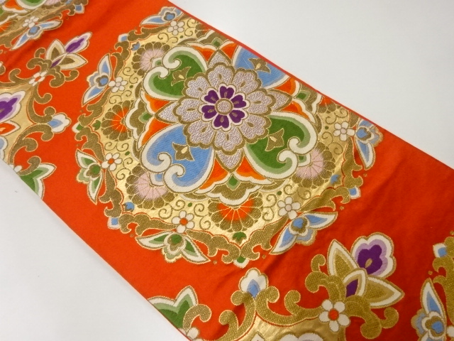 JAPANESE KIMONO / ANTIQUE FUKURO OBI / SILK / WOVEN FLORAL CREST